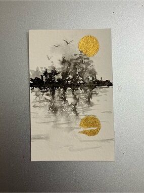 Original sunset landscape miniature realism painting sumi-e style art USA